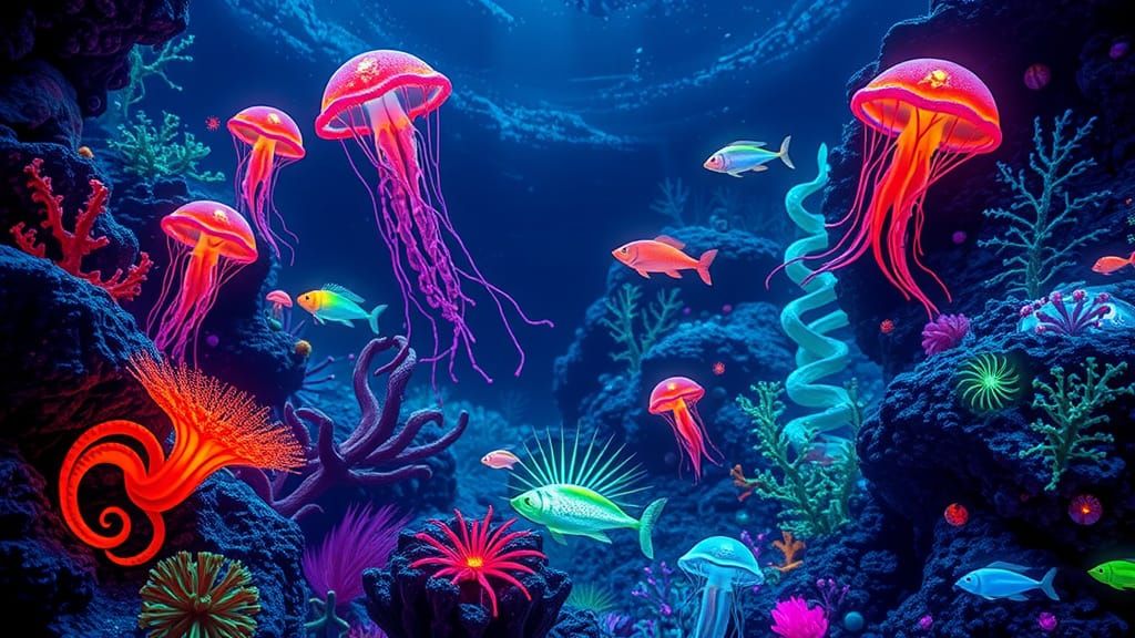 Iridescent Fluorescent Sea Creatures in a Neon Undersea