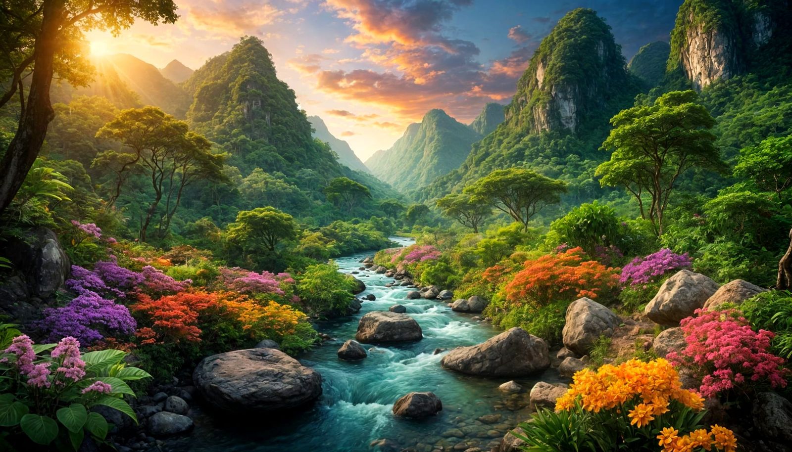 Lush Jungle River Landscape at Sunset