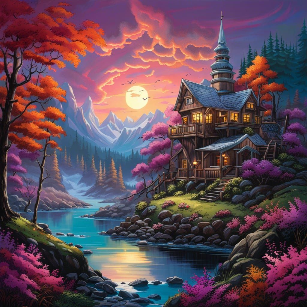Overgrown Cabin in Snowy Forest with Purple Moon