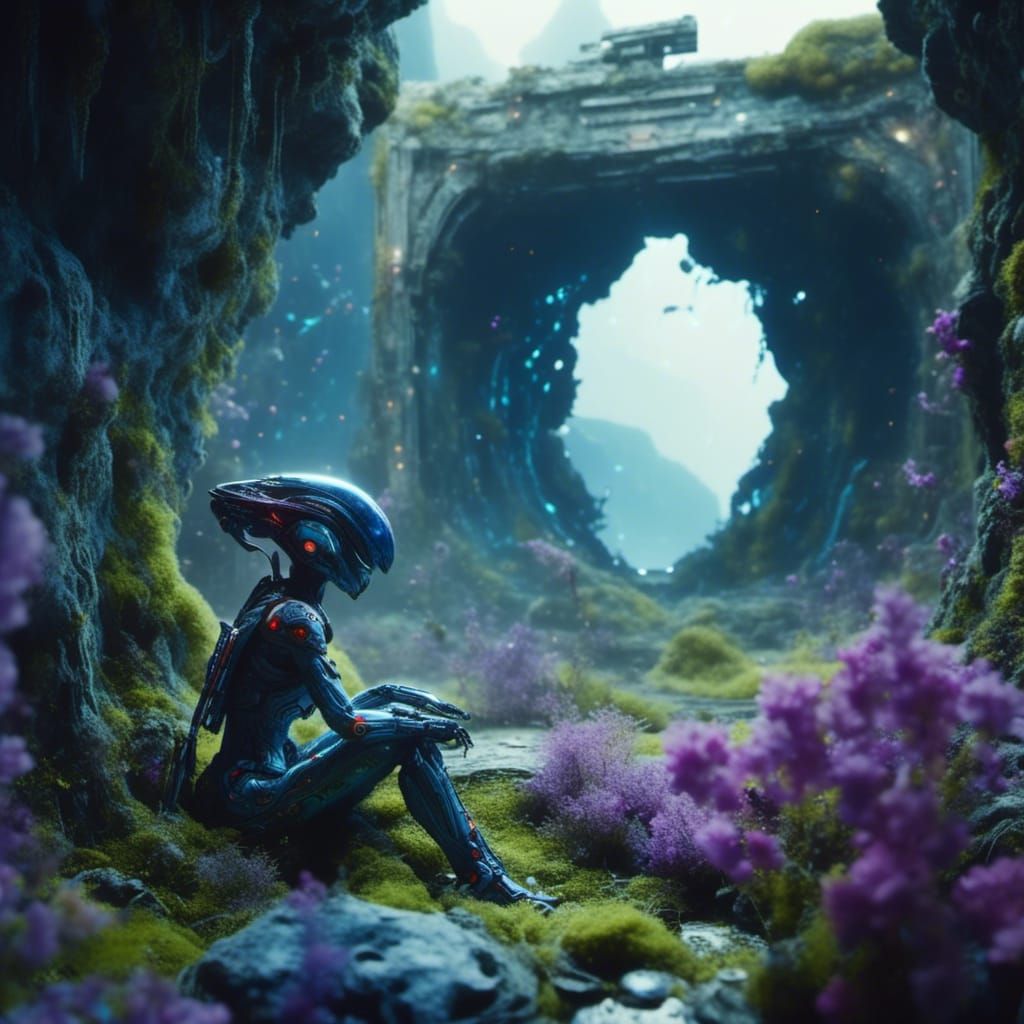 Spatial Explorer in Spaceship Ruins: Dark Fantasy Art