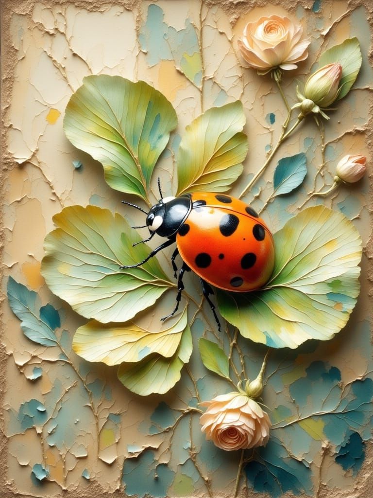 Ladybug on Leaf in Antique Watercolor Style
