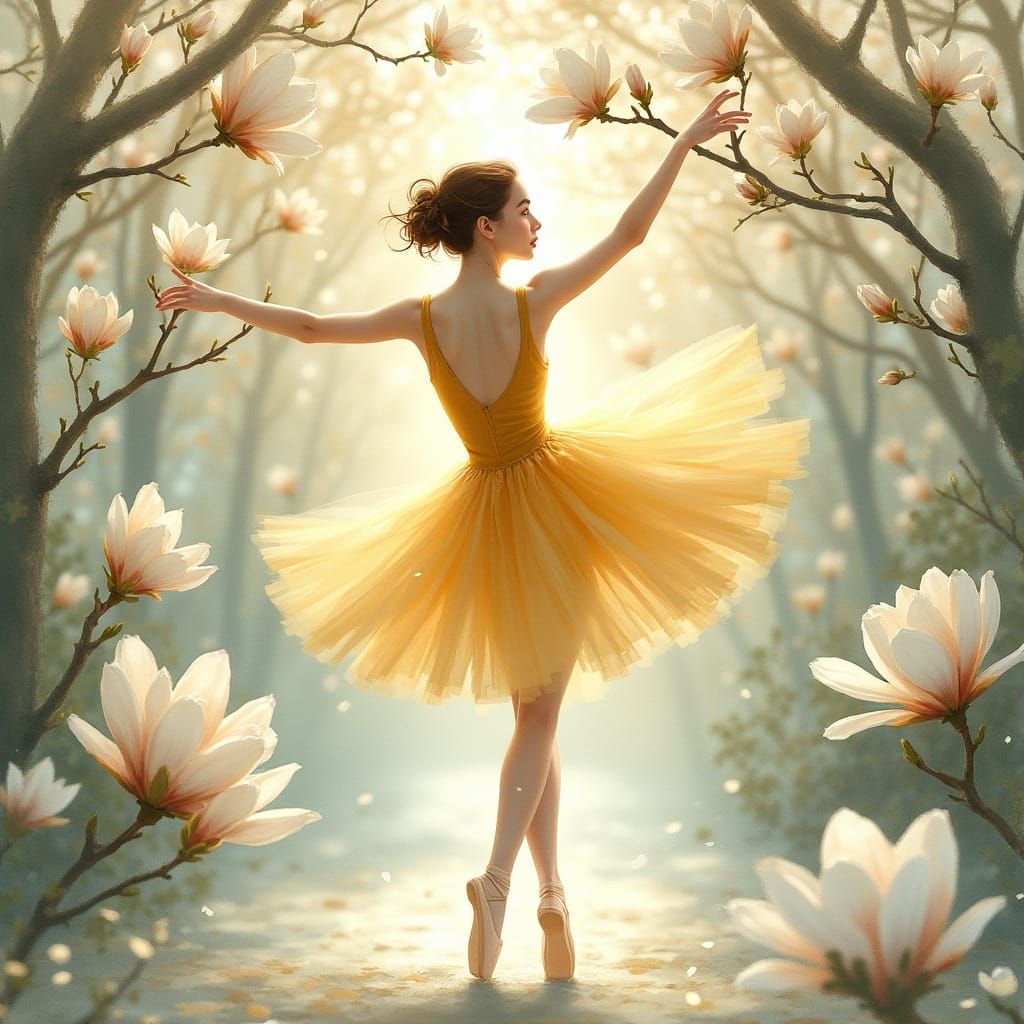 Ballet Dancer in Golden Tutu Among White Magnolias