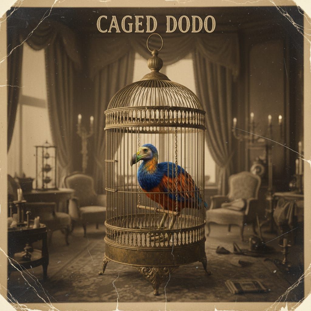 Vibrant Dodo Bird in Victorian Cage Sepia Photo