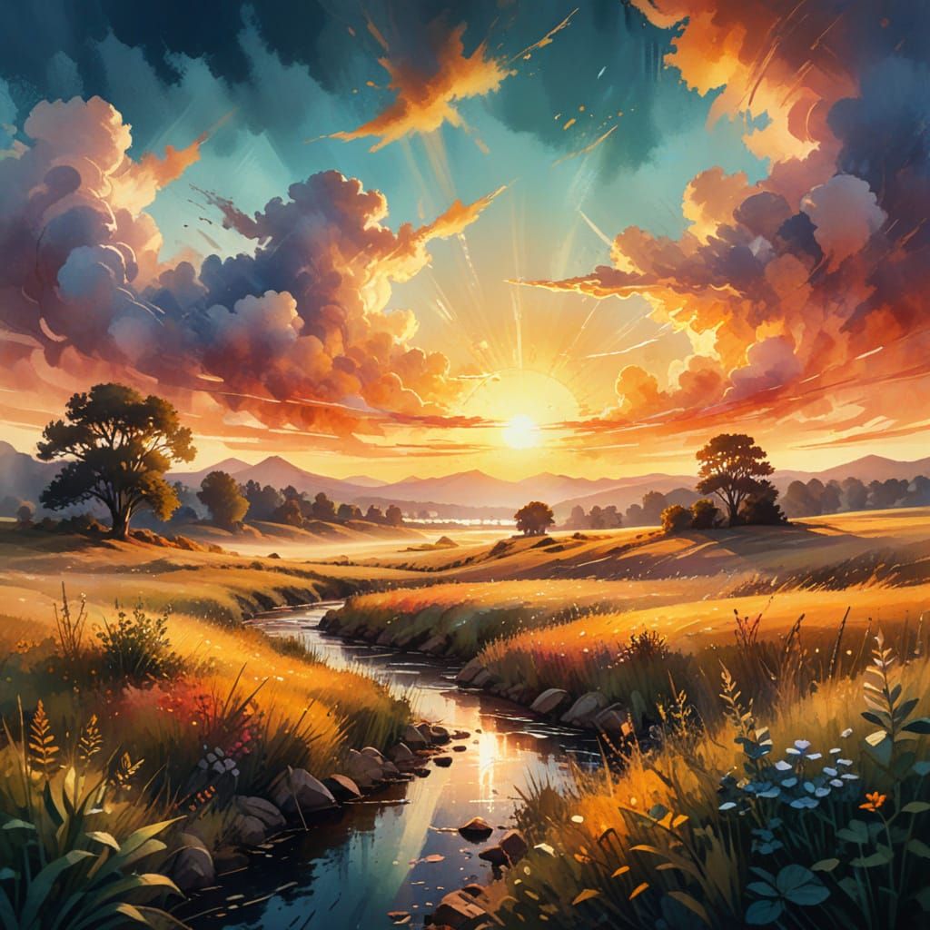 Vibrant Sunset Summerscape in Digital Watercolor