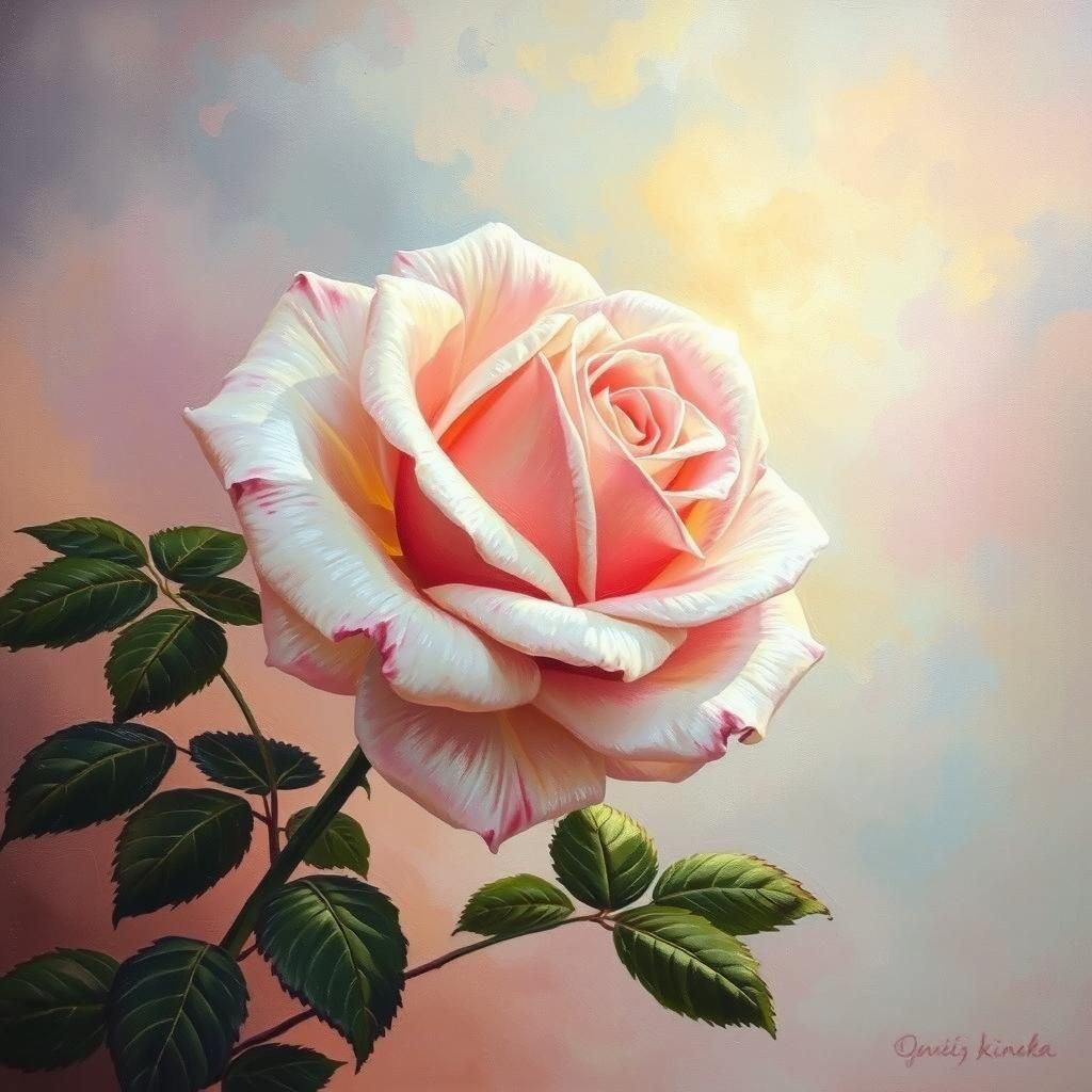 Rose with Water Droplets: Ethereal Oil Painting