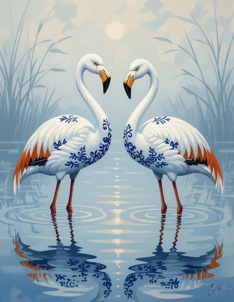 Elegant Porcelain Flamingos with Ming Dynasty Patterns in St...