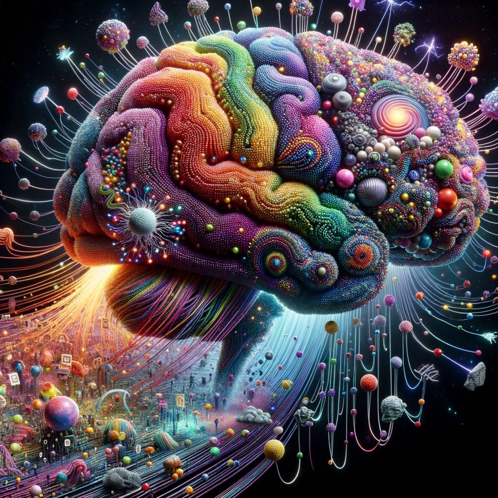 Surreal 3D Bead Brain Sculpture in Black Void