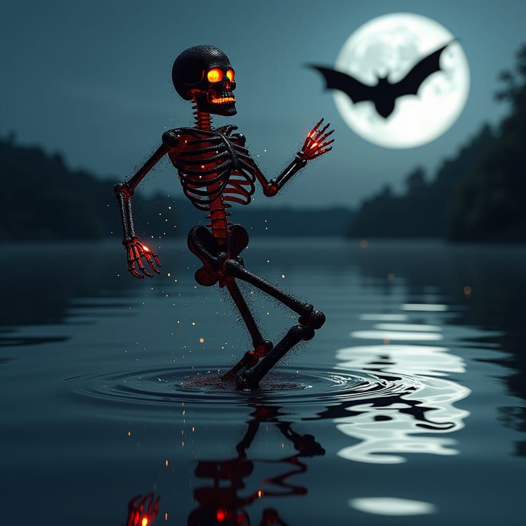 Macabre Skeleton Dance on a Moonlit Lake
