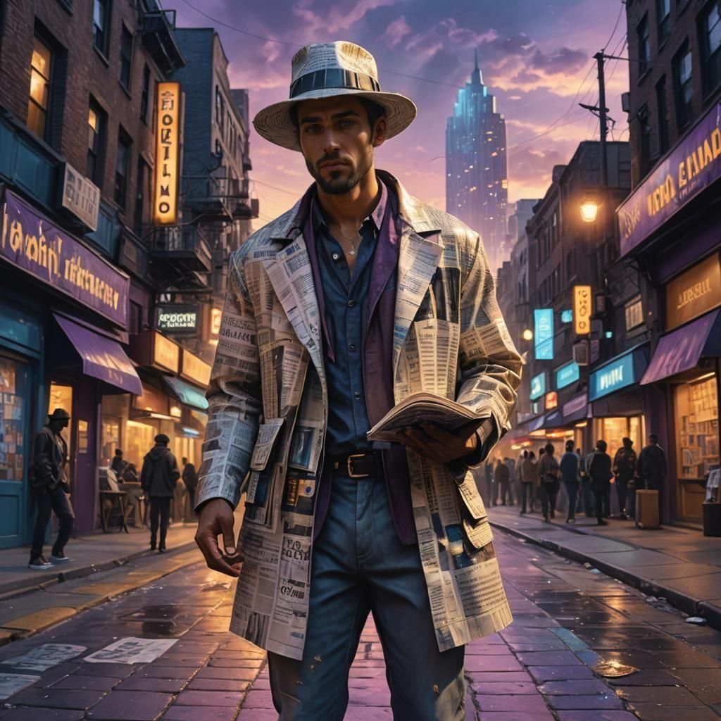 Man in Newspaper Clothes and Vinyl Hat