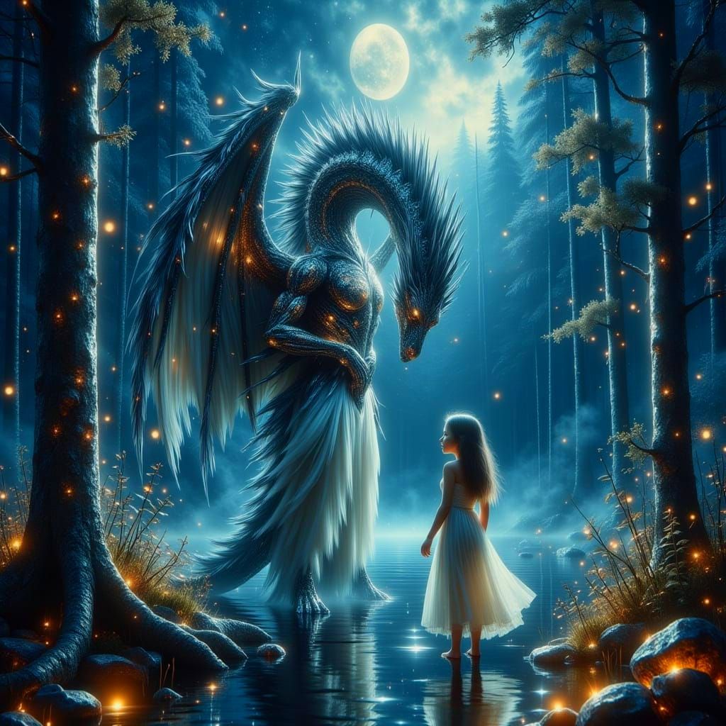 Girl and Dragon in Surreal Ominous Style