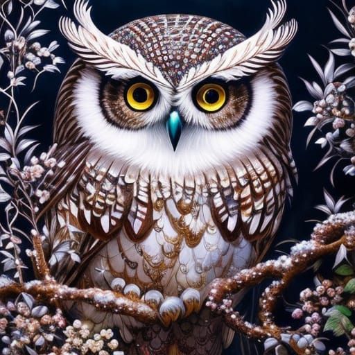 Chibi Silver Owl Portrait in Polychromatic Forest
