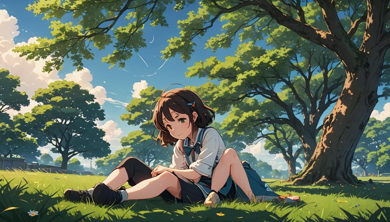 Girl Watching Sky: Anime Cel-Shaded Art