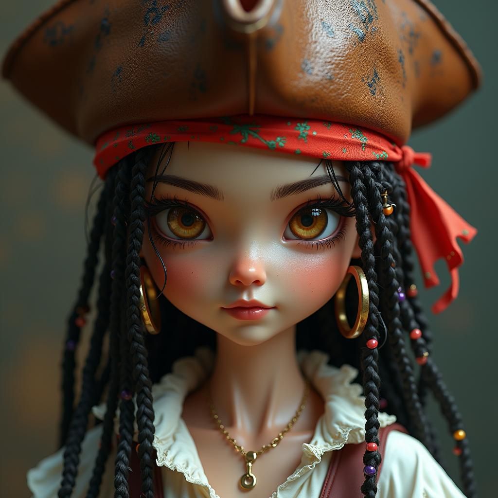 Doll-Like Pirate Girl Portrait in Art Nouveau Style