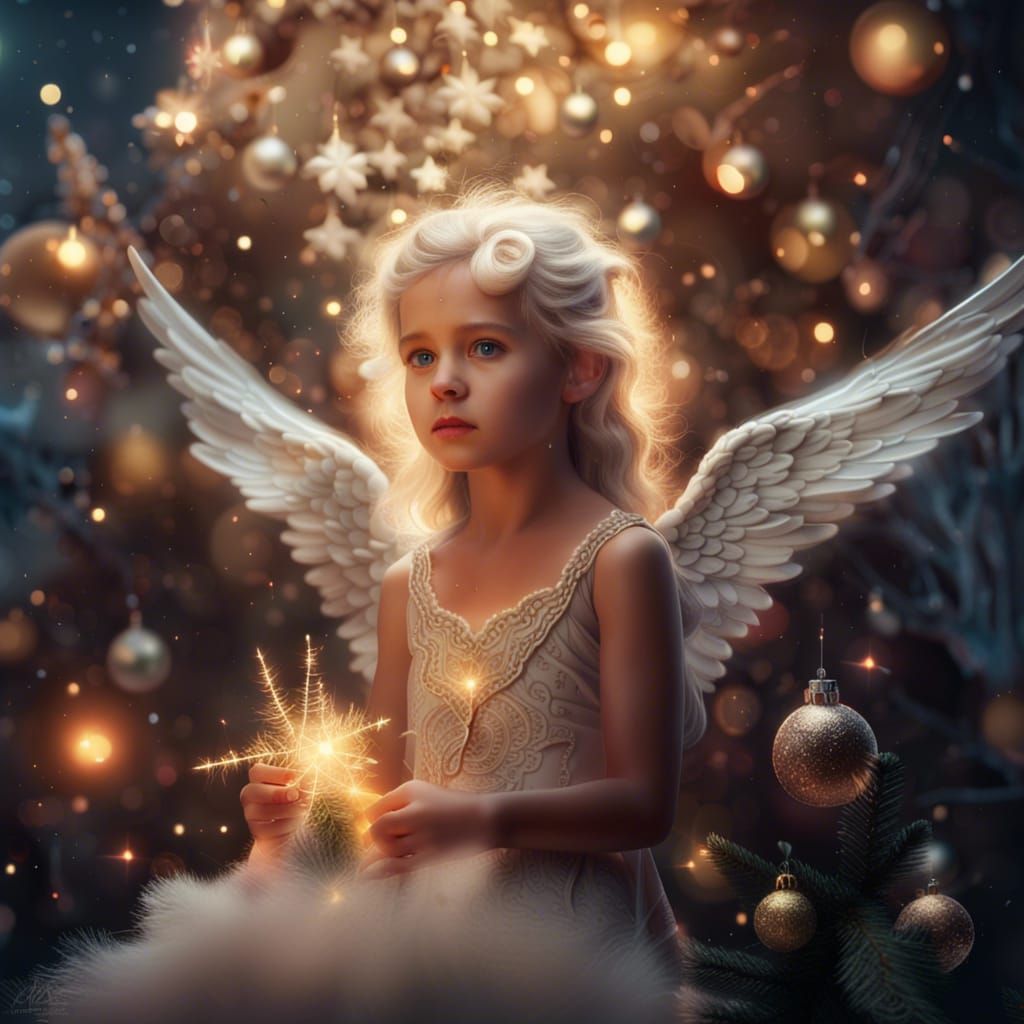 Young Angel Decorating Christmas Tree: Digital Matte Paintin...