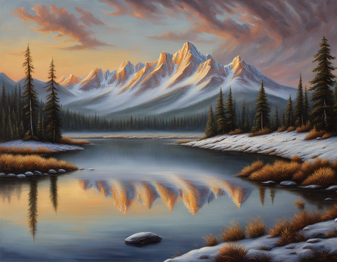 Twilight Mountain Range: A Romantic Oil Painting