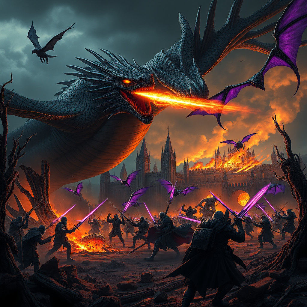 Dragons Versus Humans in Dark Fantasy Landscape