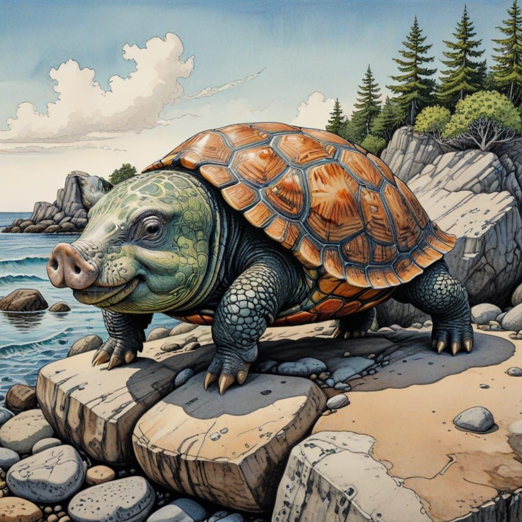 Turtle Pig Hybrid Emerges from Coastal Rocks