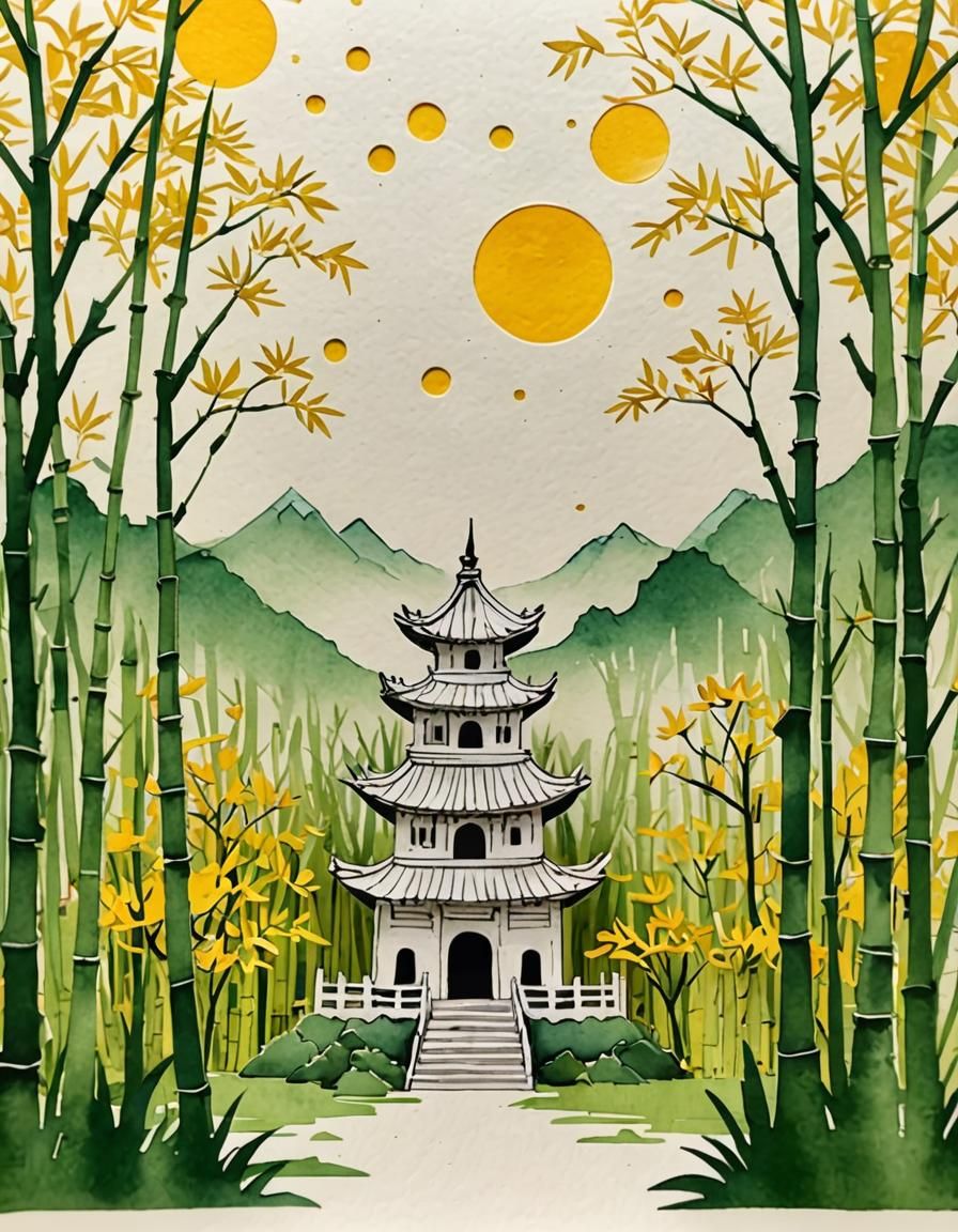 Miniature Kirigami Pagoda with Bamboo Paper Background