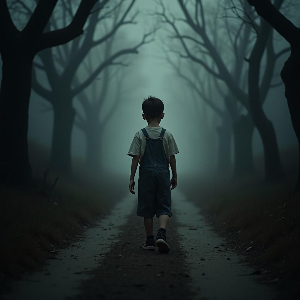 Eerie Black and White Image of Boy on Foggy Path