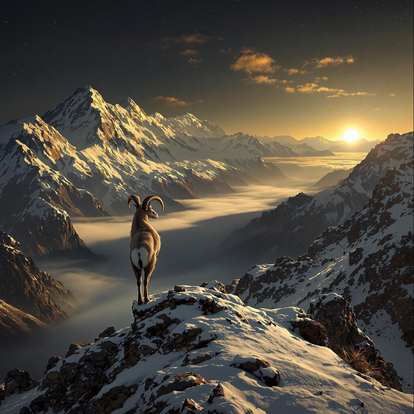 Chamois on Snowy Peak at Sunset: Oil Painting Style