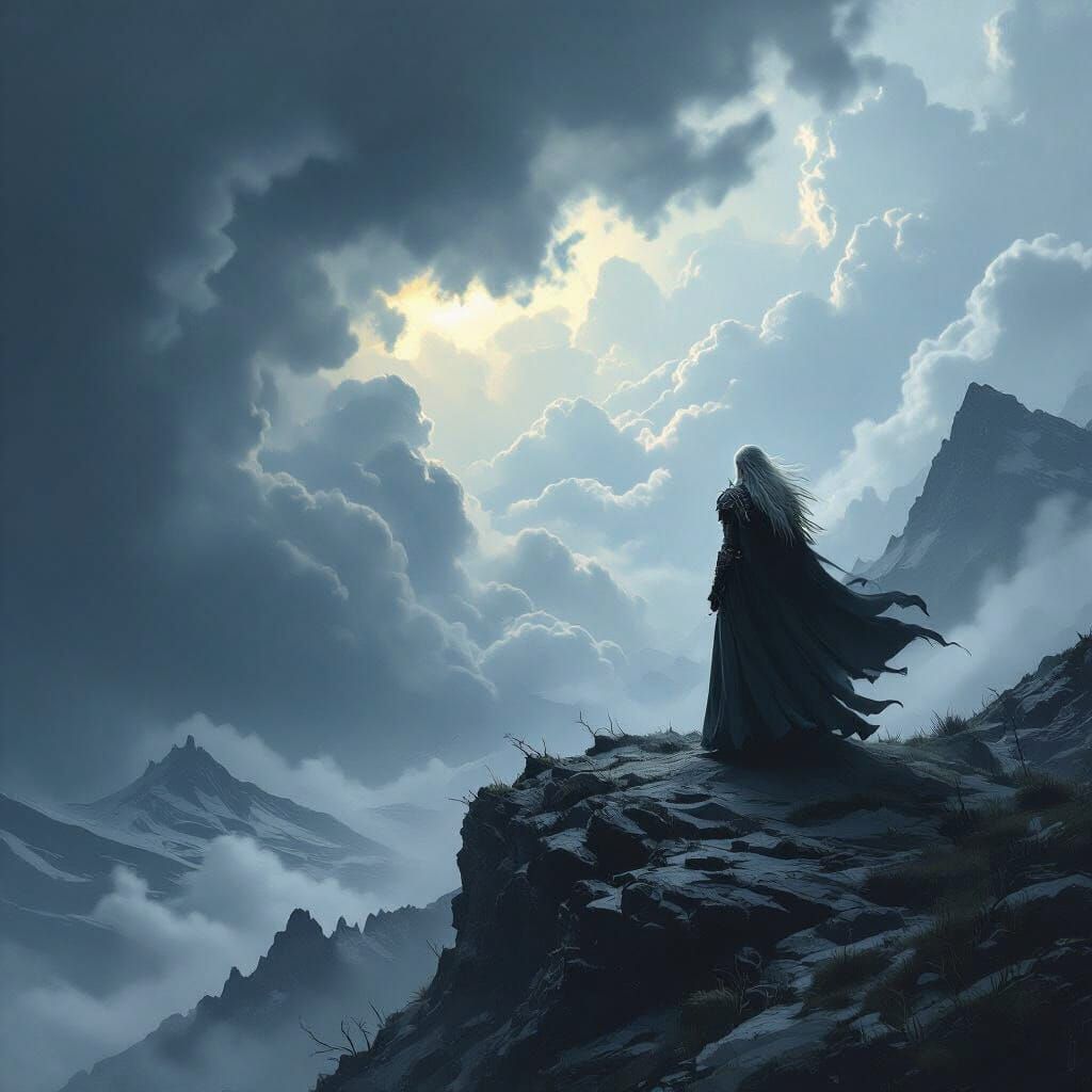 Lone Valkyrie on Mountain Peak in Dark Fantasy Style