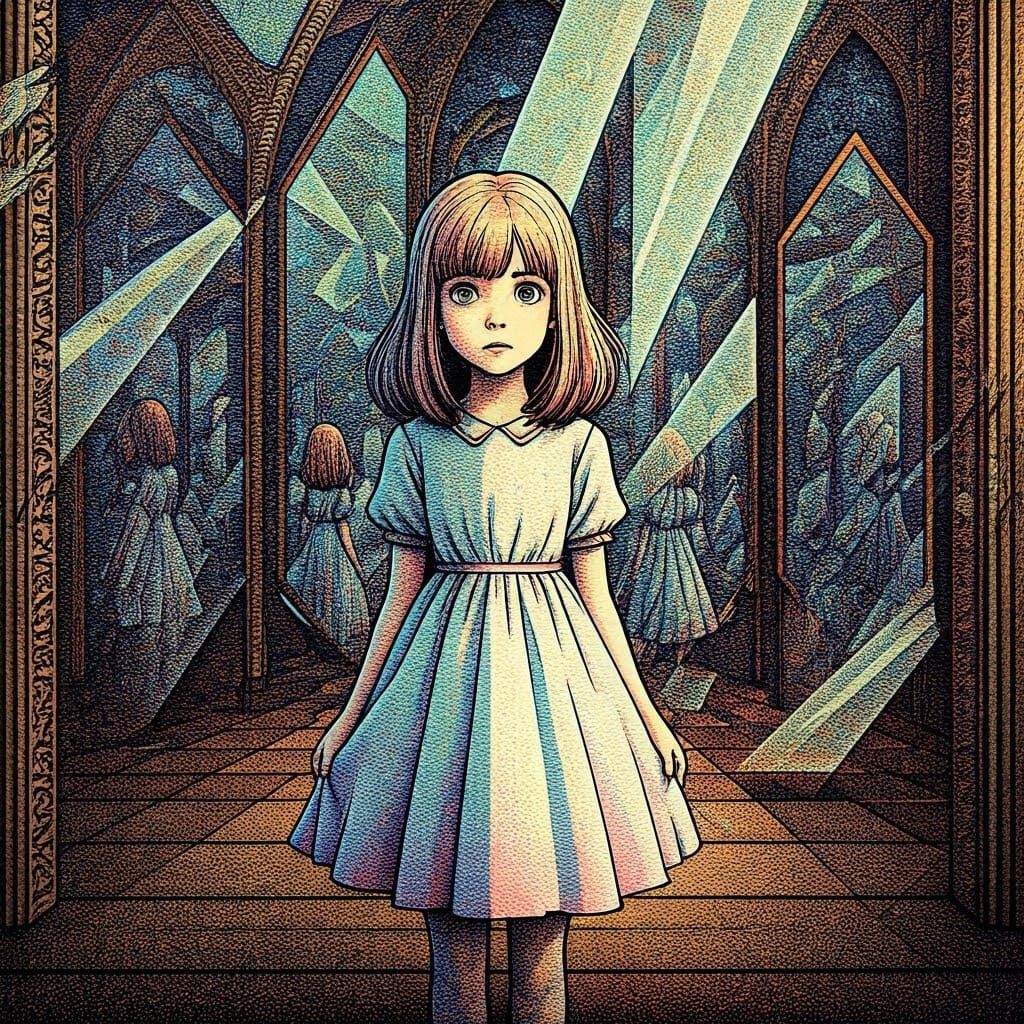 Distorted Reflections: Girl in a Pointillistic Dreamscape