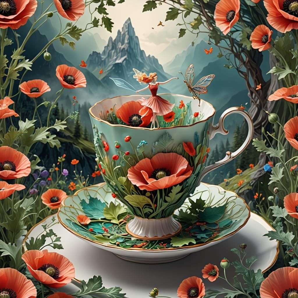 Poppy Teacup on a Mountain: Abstract 3D Art