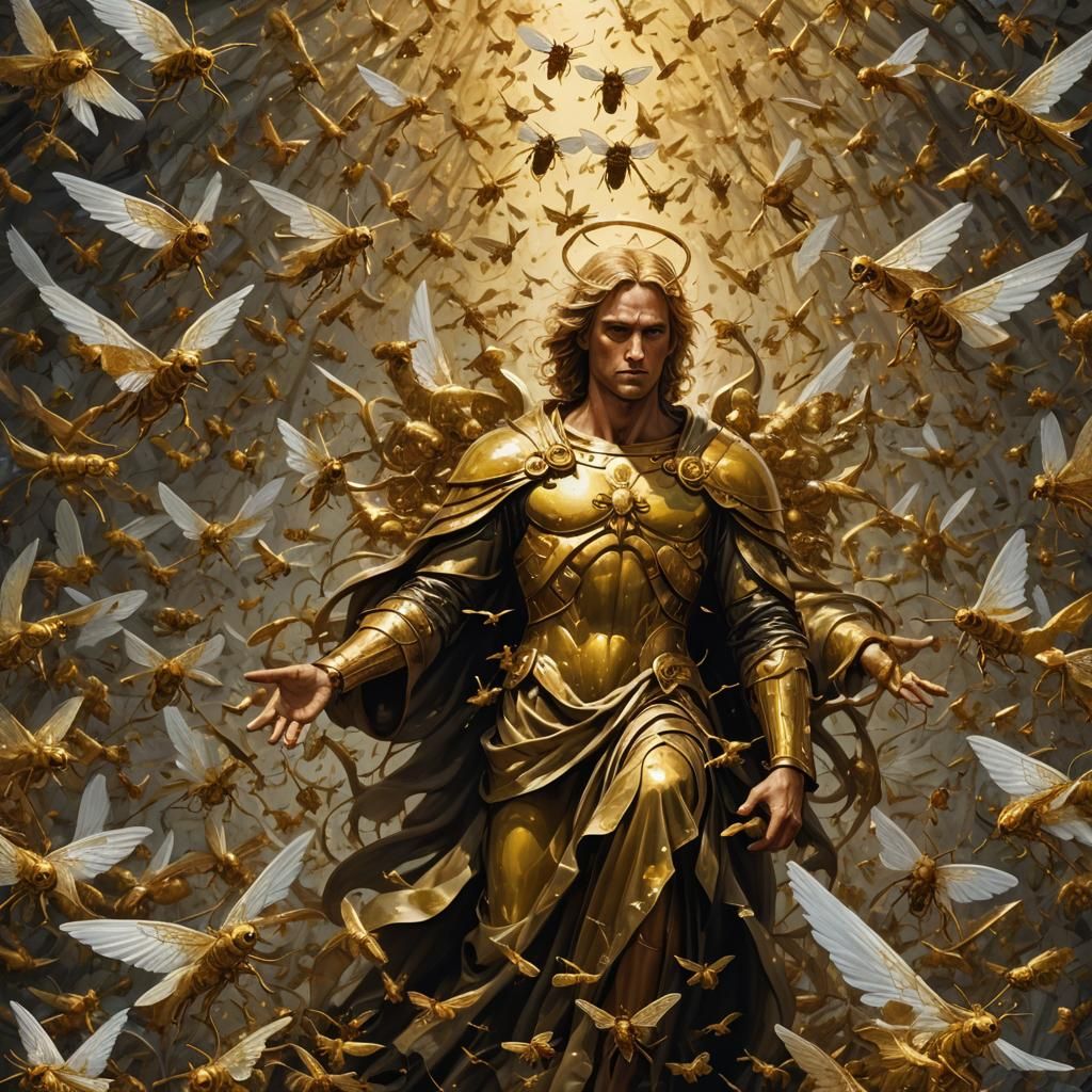 Golden Angel Surrounded by Insect Swarm