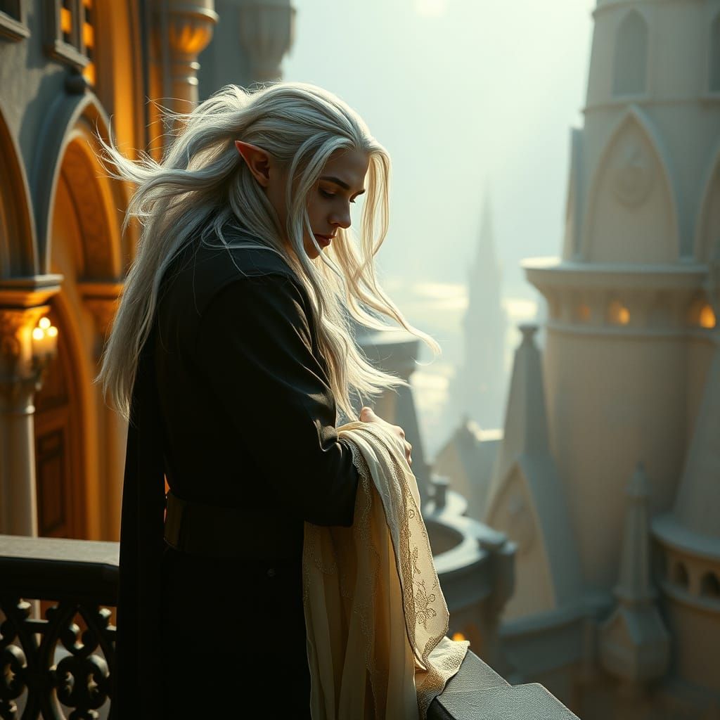 Romantic Elf and Human Embrace on Balcony