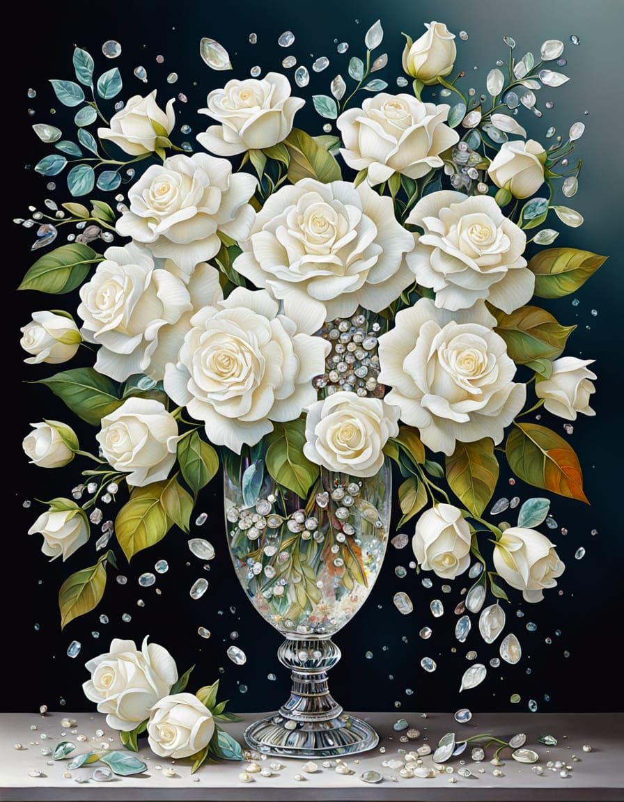 White Roses, Jewels, and Glass Vase