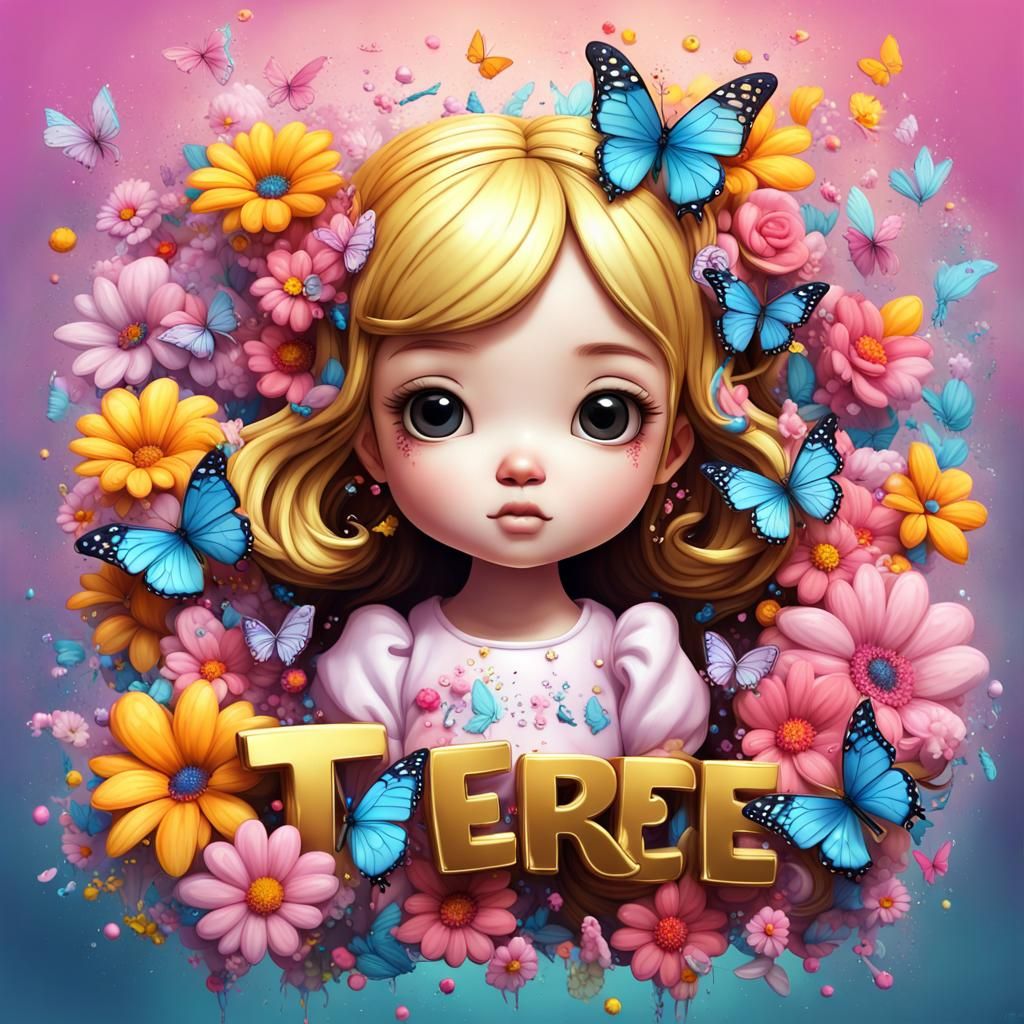 Kawaii Princess with Butterflies and 3D Gold Name