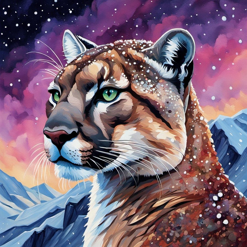 Stardust Puma in Art Nouveau Style on Snowy Peak