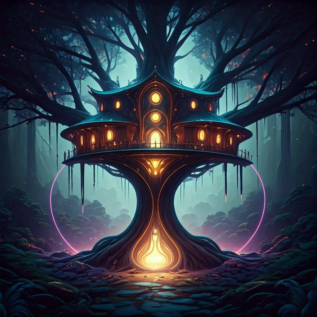Futuristic Treehouse Levitating Above Mystical Forest