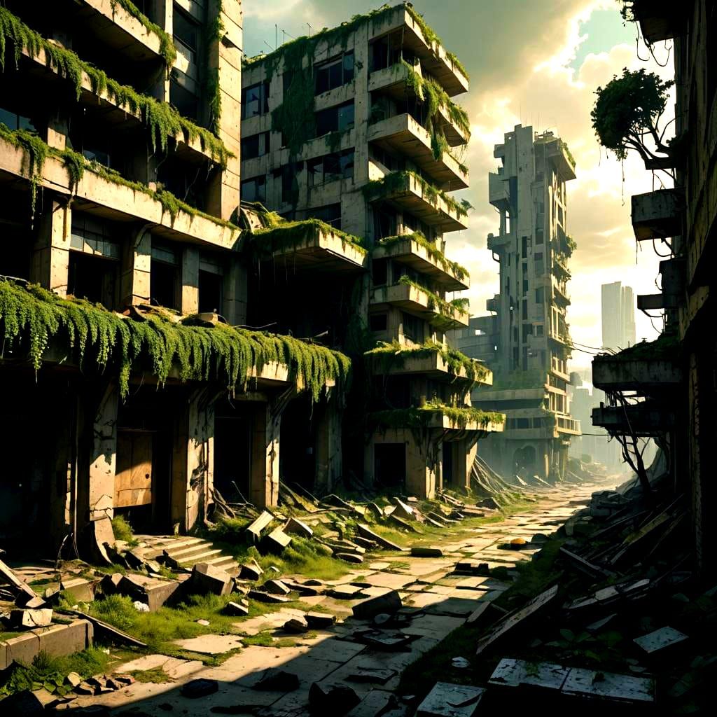 Landscape view of the ruins of a allien city. brutalist style architecture. White clouds in sunny green skyes. Streets ...