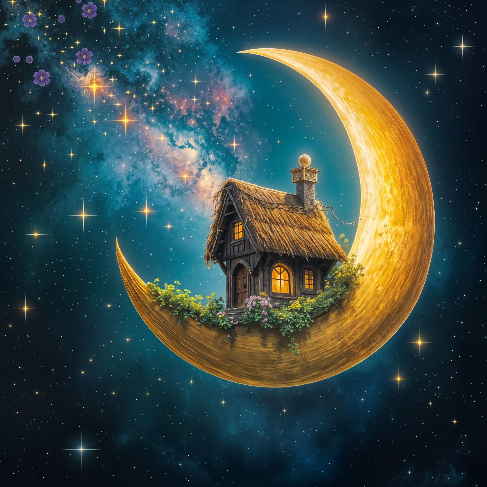 Cozy Cottage on Crescent Moon in Starry Sky