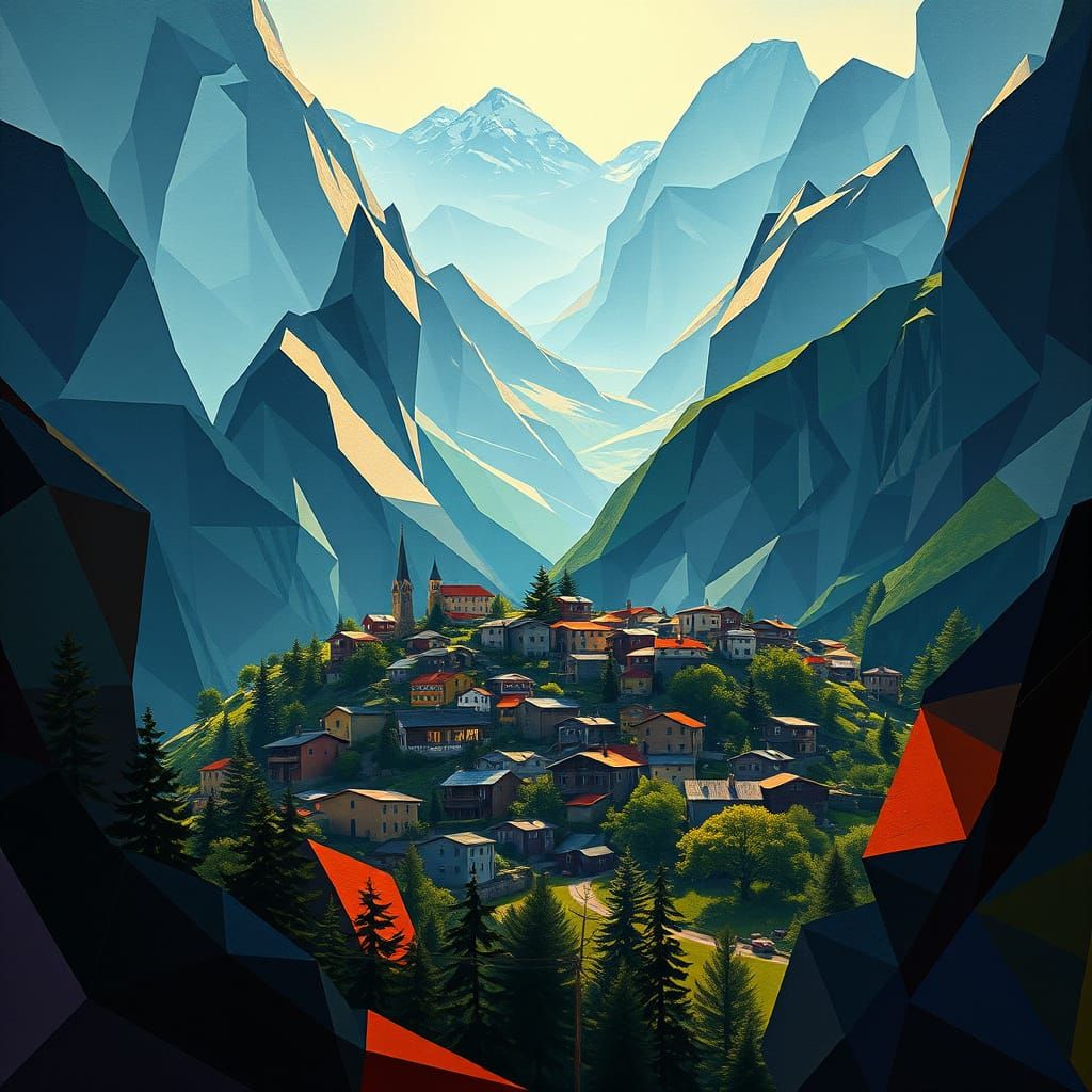 Mountain Village in Cubist Art Deco Style