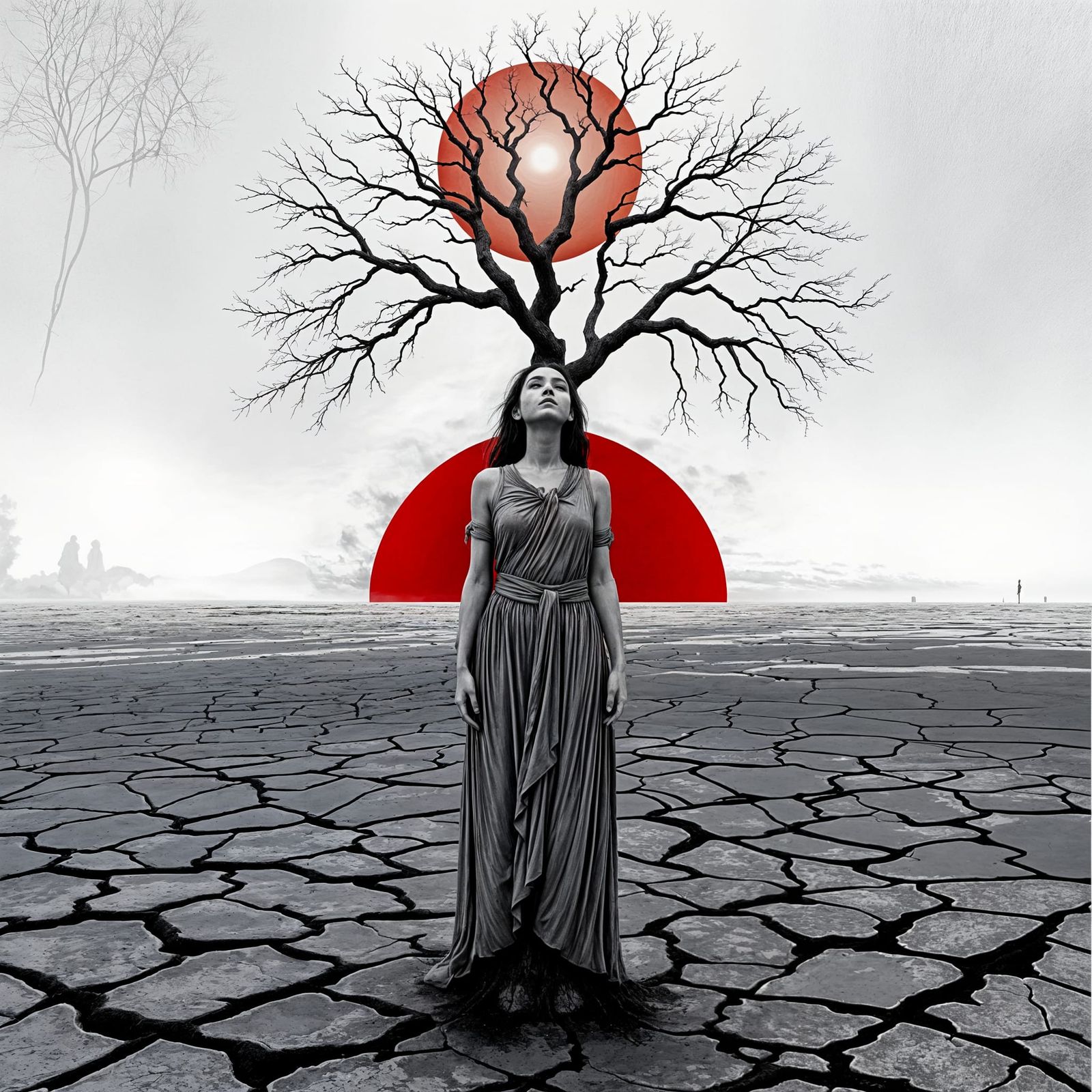 Woman Lost in Abstract Landscape of Tree of Life