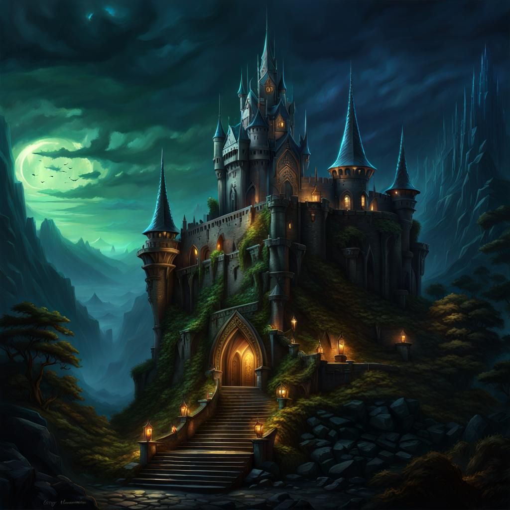 Elf Rogue in Dark Fantasy Castle at Night