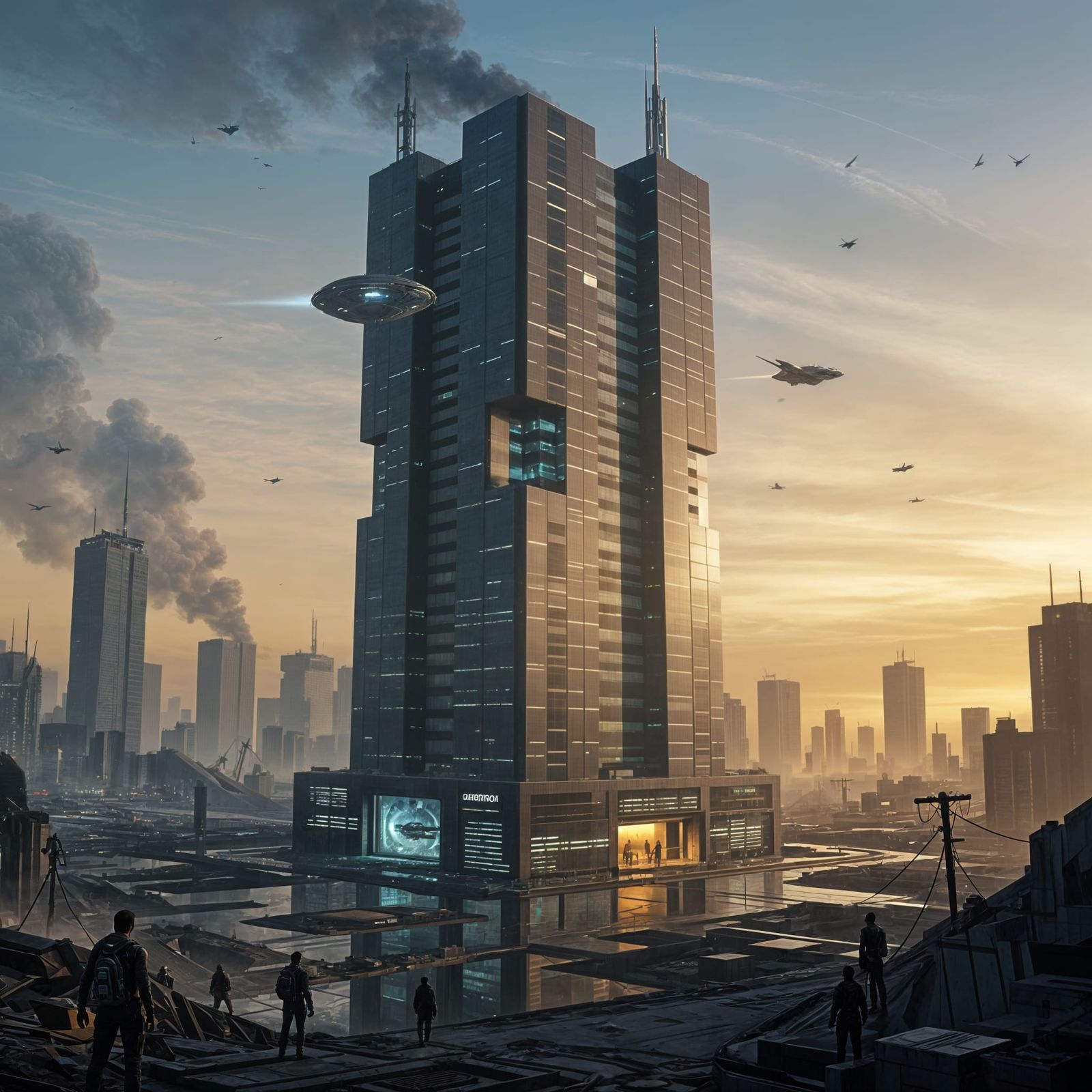 Sci-Fi City in Giant Building Amidst Apocalypse