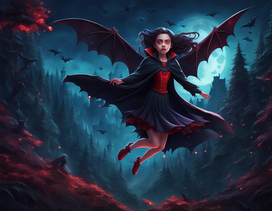 Vampire Girl Flies Over Dark Forest, Hyperrealistic