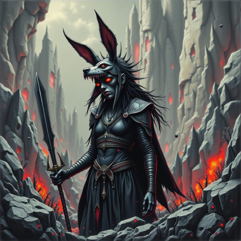 Cyborg Morrigan Goddess on Battlefield with Wolf Mask