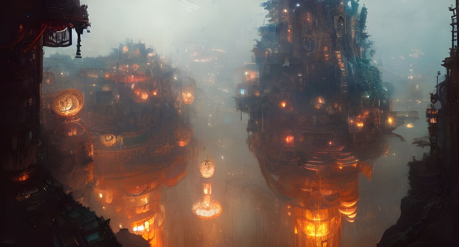 Steampunk City with Waterfall at Dawn