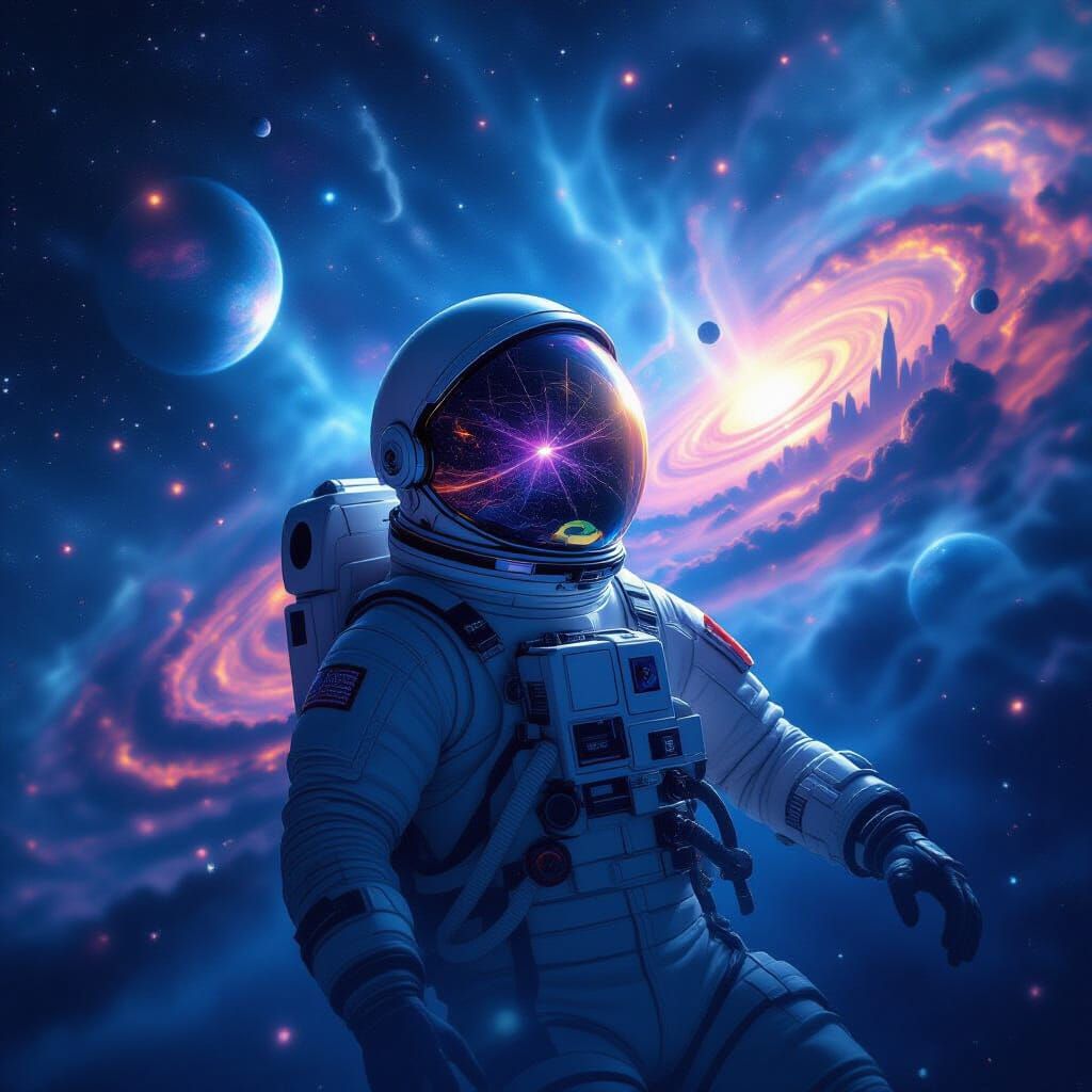 Astronaut Adrift in Cosmic Ocean with Fractured Cityscape Re...