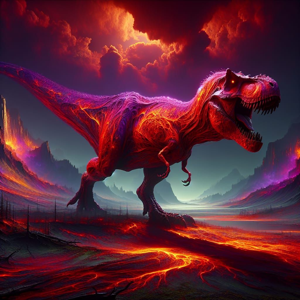 Opal-Skinned T-Rex in Shadow of Mordor Landscape