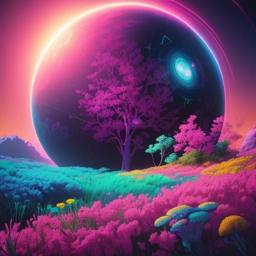 Synthwave Neon Art: Glowing Sphere in Paradise
