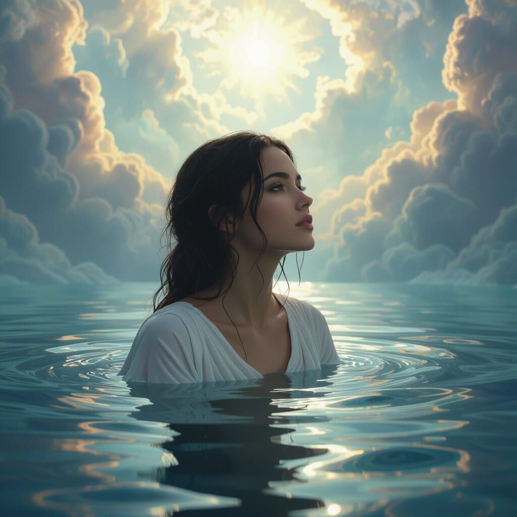 Woman Gazes at Mystical Sky in Ethereal Water