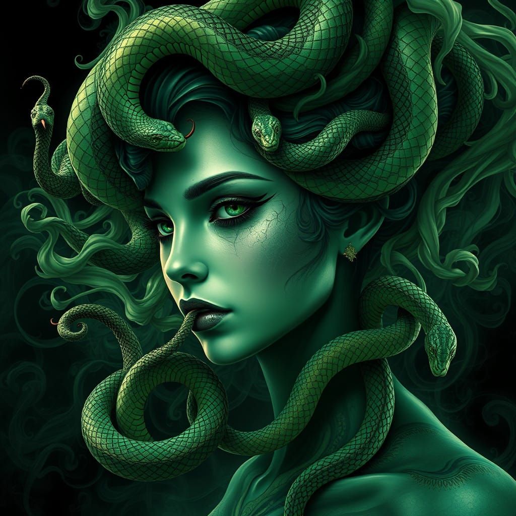 Enigmatic Green Medusa in Surrealist Universe