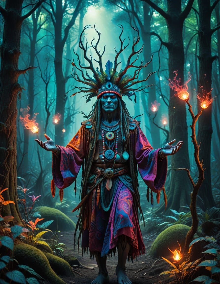 Psychedelic Shaman Guiding Souls Through Alien Forest