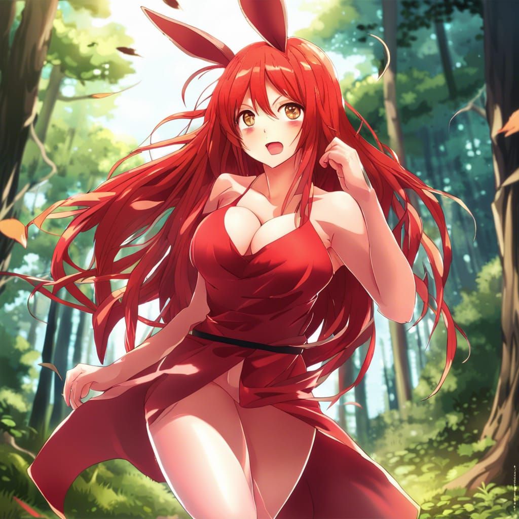 Anime Woman with Rabbit Ears in Forest