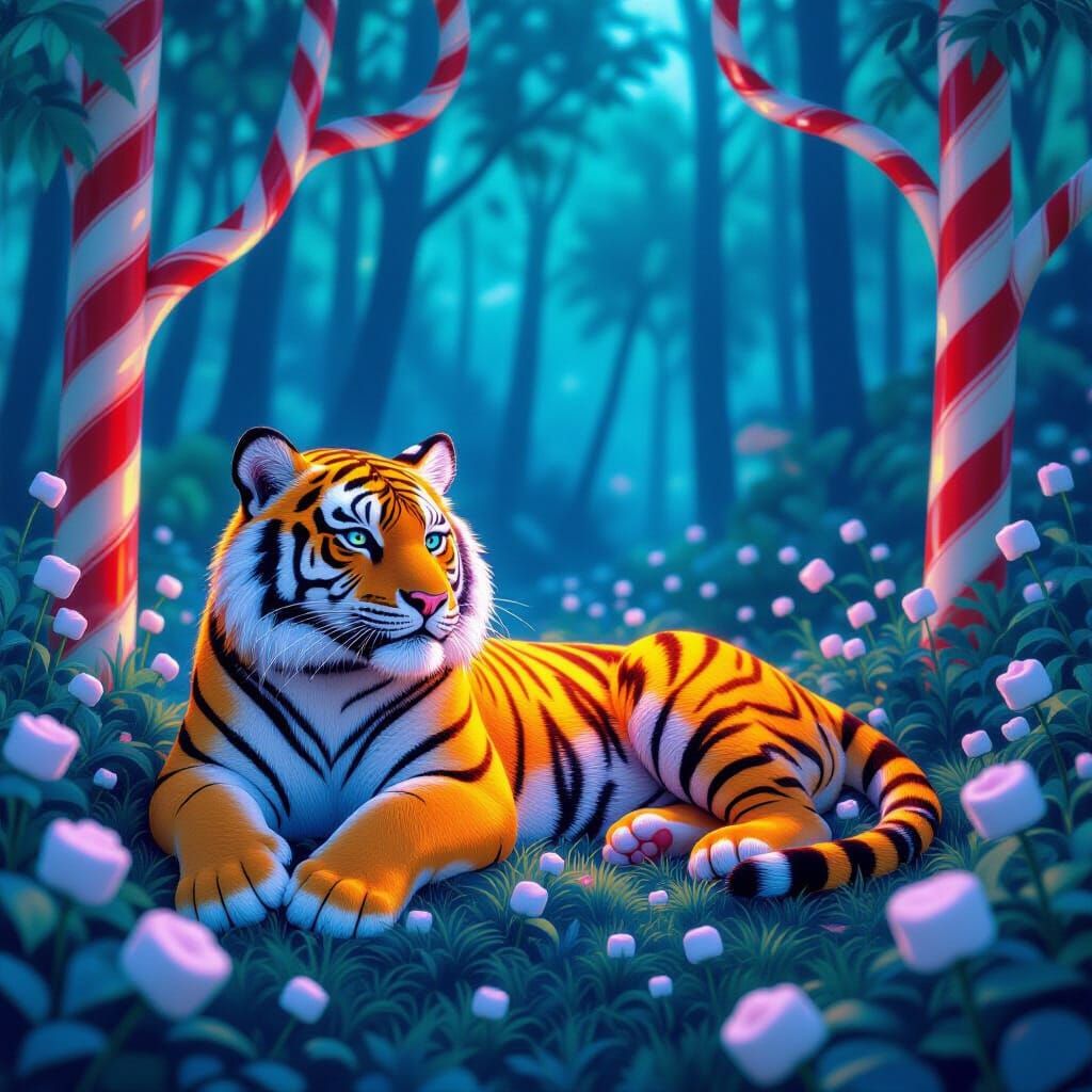 Gummy Tiger in Bioluminescent Candy Jungle